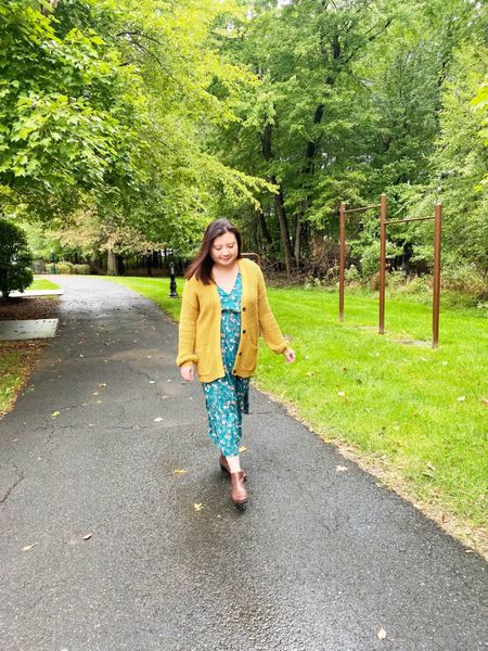 Green floral midi dress, brown booties, and a mustard cardigan for all the fall feels 💛

#LTKstyletip