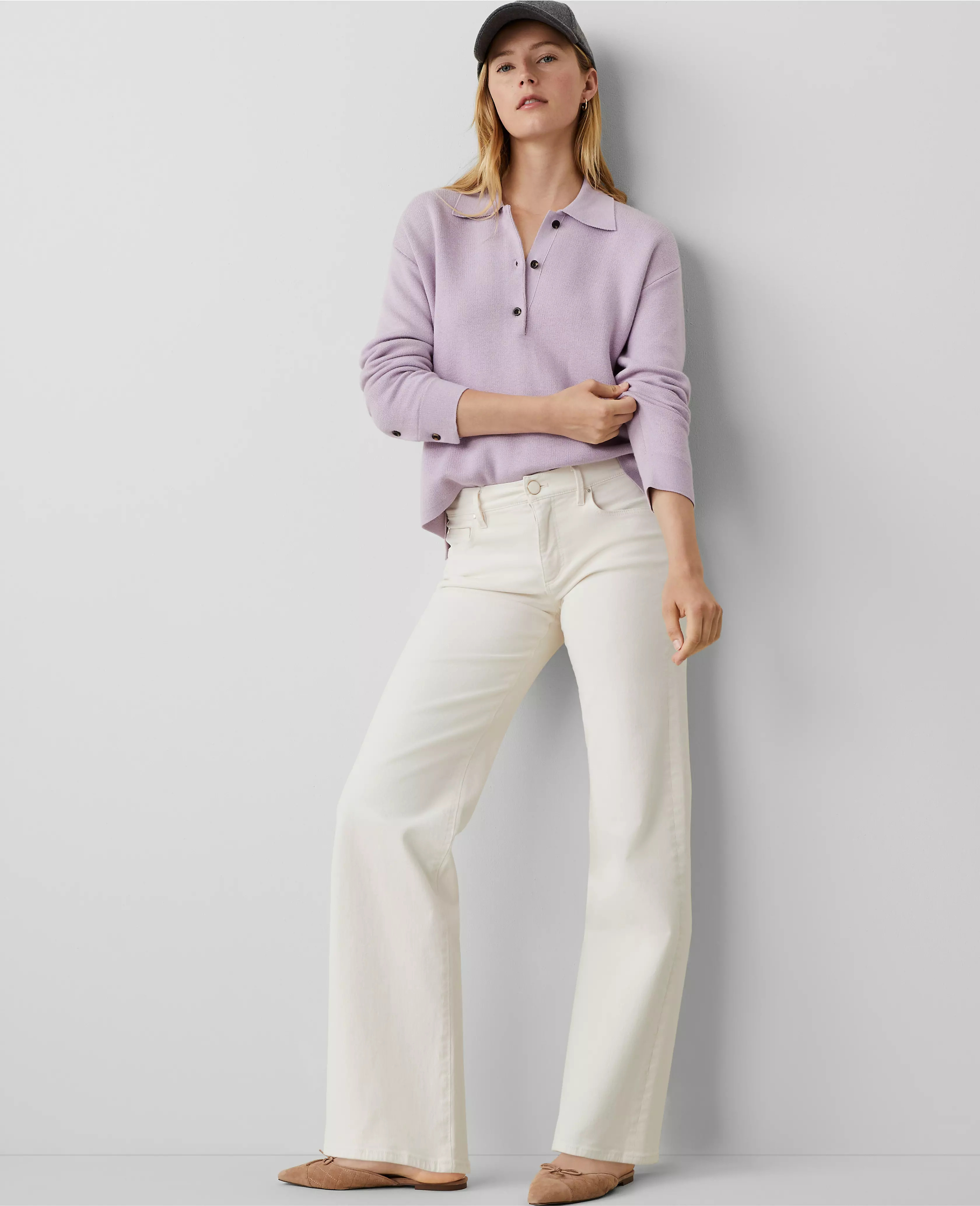AT Weekend Mid Rise Wide Leg Jeans in Ivory | Ann Taylor (US)