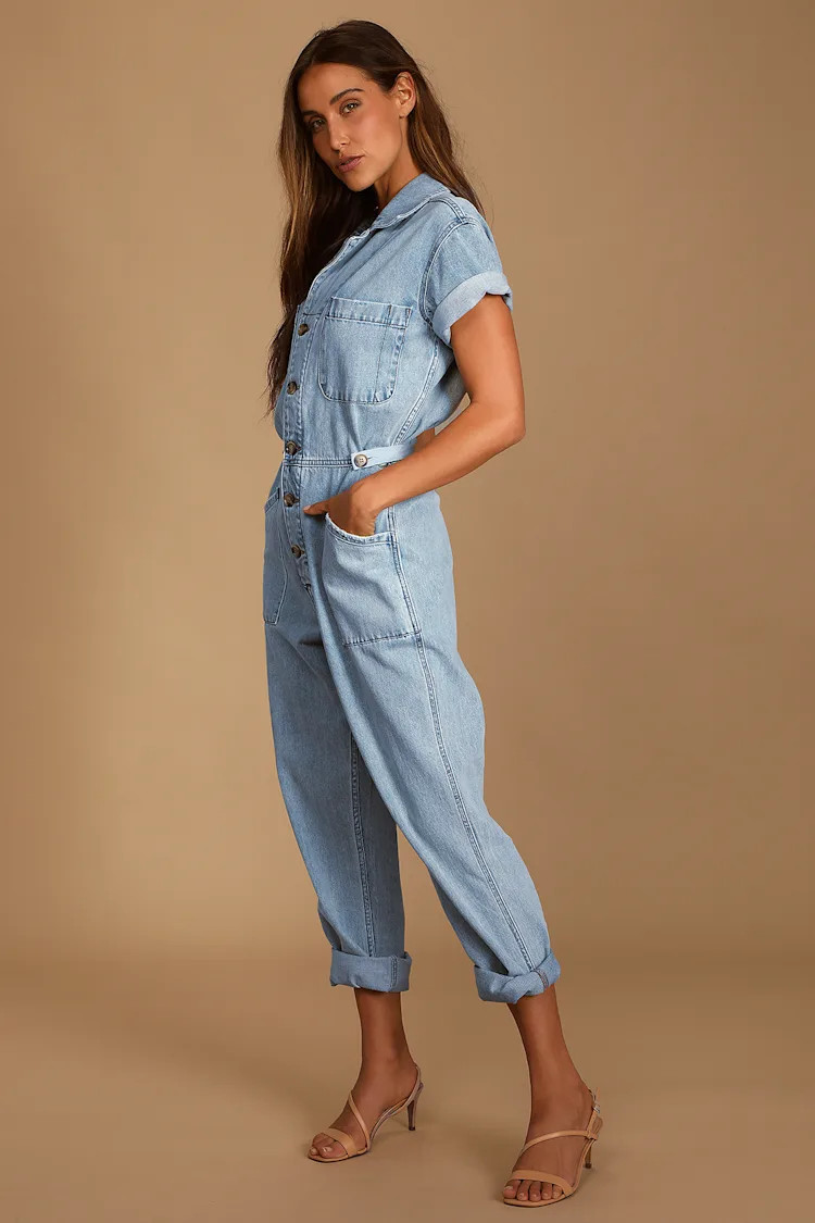 Grover Light Wash Denim Short Sleeve Utility Jumpsuit | Lulus (US)