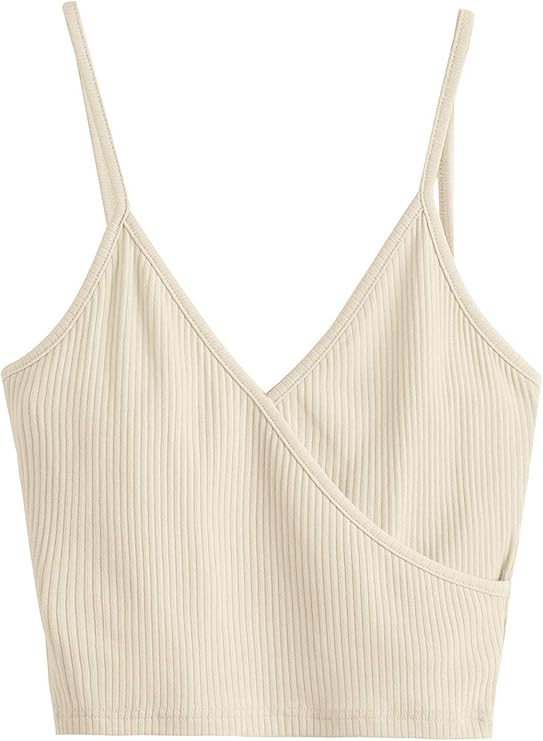 SheIn Women's Casual V Neck Ribbed Knit Overlap Front Crop Cami Top | Amazon (US)