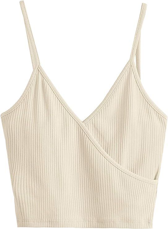 SheIn Women's Casual V Neck Ribbed Knit Overlap Front Crop Cami Top | Amazon (US)