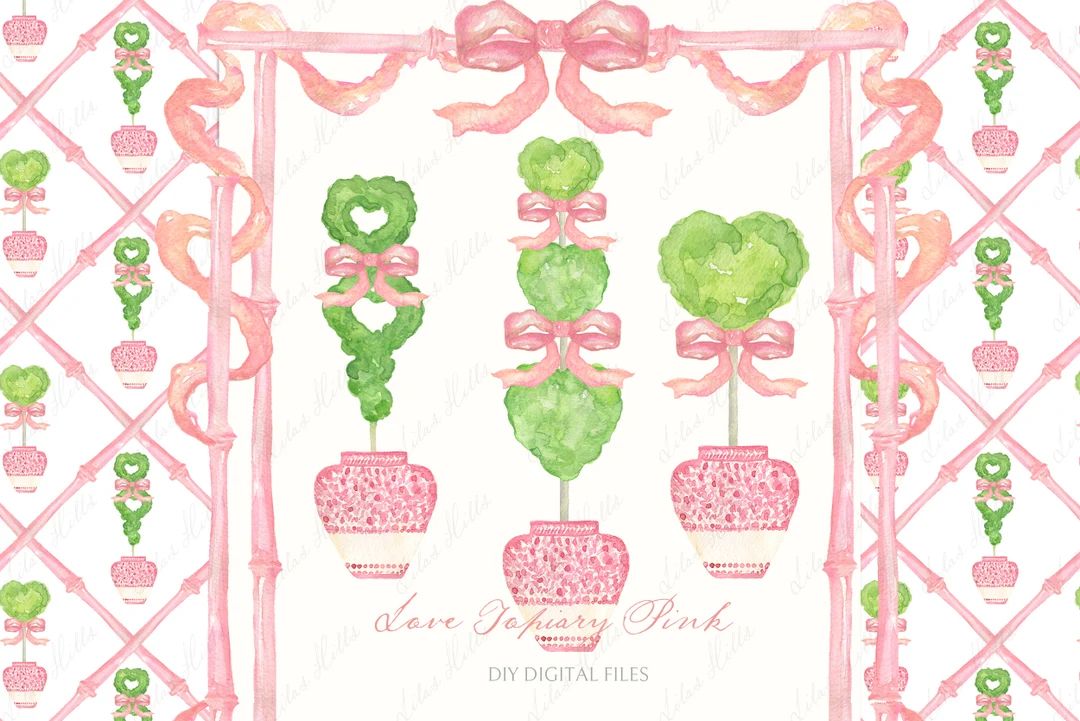 Topiary Chinoiserie Blush Pink Heart Valentines Day Vintage  DIY Digital Clipart. Digital paper W... | Etsy (US)