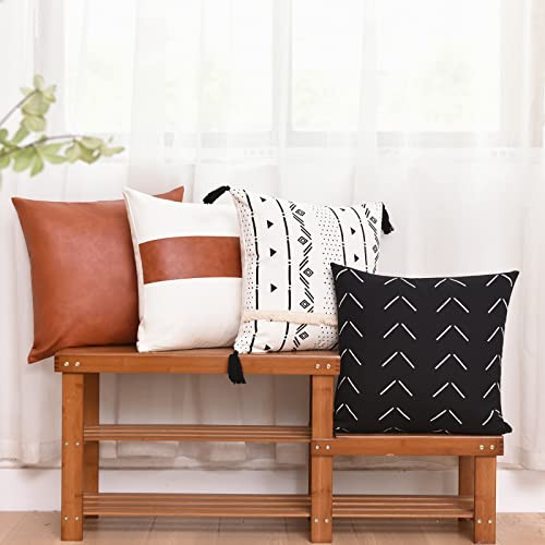 Tosewever Boho Geometric Throw Pillow Covers 18 x 18 Set of 4, Modern Stripe Farmhouse Decorative Faux Leather Cotton Pillowcase for Bedroom Living Room Couch Bed Sofa Home (Black/White, 18" x 18") | Amazon (US)