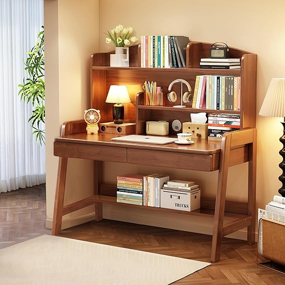 Kids Desk＆Table Wooden Children’s Study Desk with Bookshelf＆Two Drawers Children Study＆Wr... | Amazon (US)