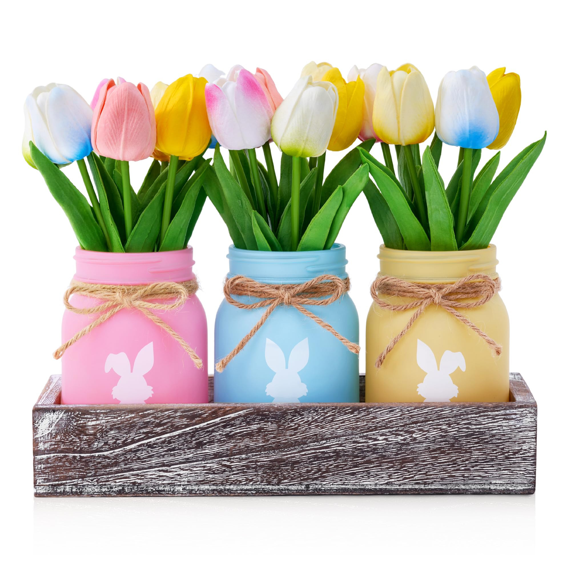 Bunny Mason Jar Spring Easter Table Decor, Centerpieces for Tables with Tulips Artificial Flowers... | Amazon (US)