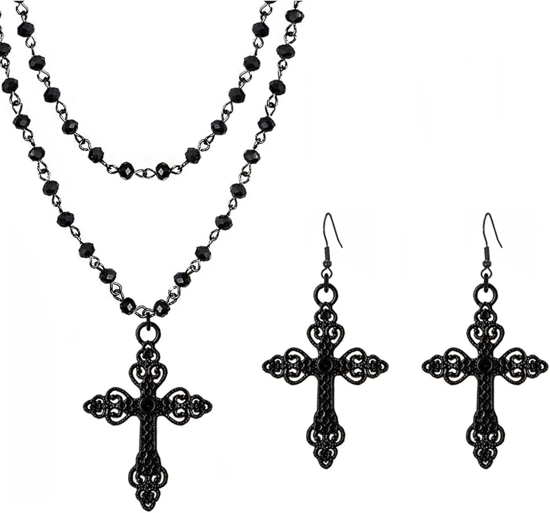 Gothic Cross Necklace, Earrings, Moon Earrings, Black Cross Pendant Choker, Crystal Chain Hallowe... | Amazon (US)