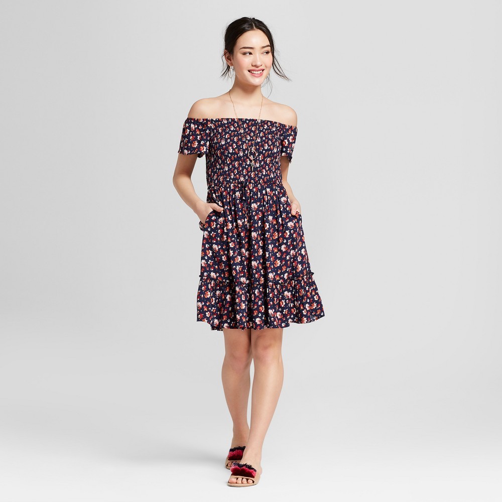Women's Off the Shoulder Smocked Floral Dress - Xhilaration Navy (Blue)/Pink L | Target