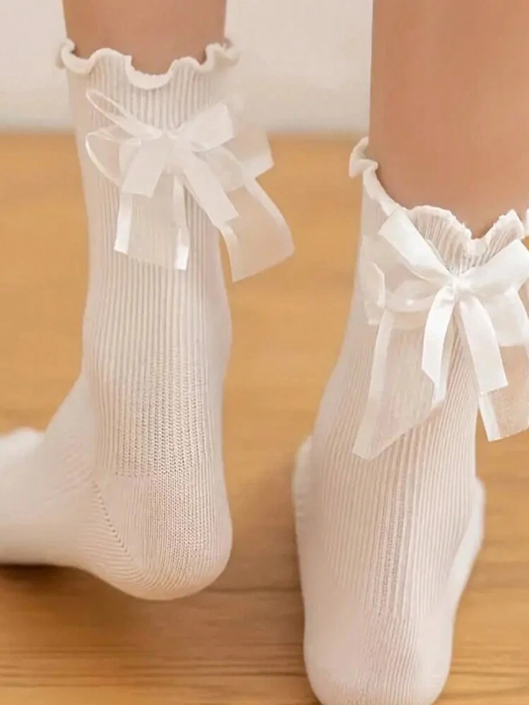 1pair Women's Mid-Calf Socks, Breathable And Comfortable, Simple Style With Ruffle Cuff, Heel Bow... | SHEIN