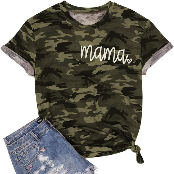 Camouflage Shirts Women Tie Dye Mama Letter Printed T-Shirt Heart Graphic Casual Short Sleeve Tee... | Amazon (US)