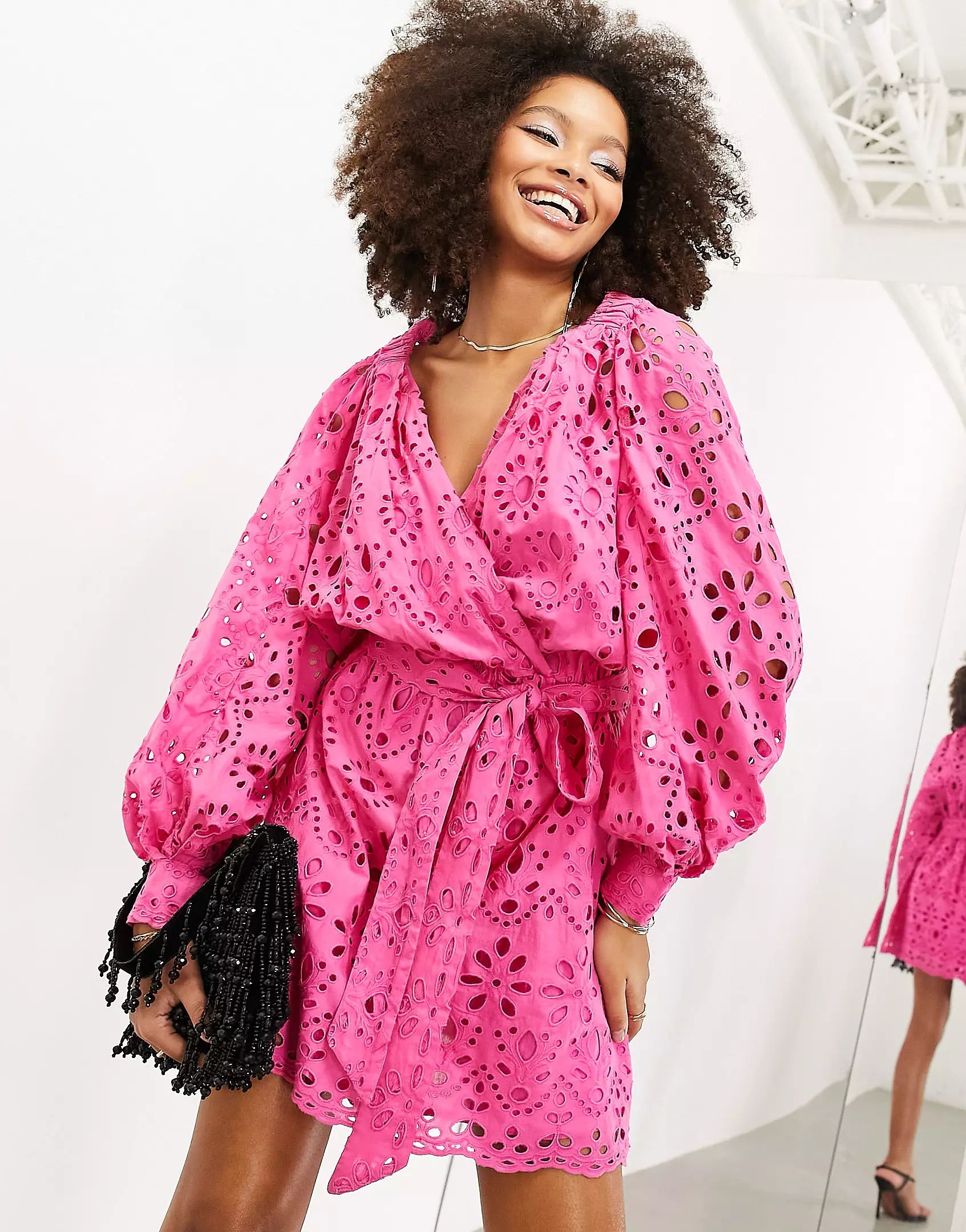 ASOS EDITION broderie wrap belted mini dress in bright pink | ASOS (Global)