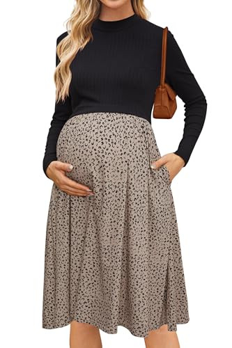 OUGES Women 2024 Fall Business Dress Maternity Clothes Work Teacher Church Modest Casual Outfits Long Sleeve Mock Neck Midi Dresses(Khaki Leopard,L) | Amazon (US)