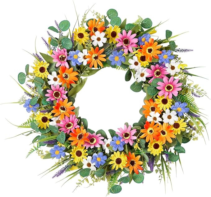 Dremisland 22 Inch Colorful Daisy Wreath Spring Summer Wildflower Wreath with Green Eucalyptus Le... | Amazon (US)