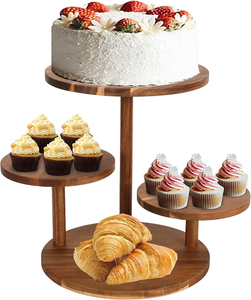 4 Tiered Cupcake Tower Stand Rustic Acacia Wood Round Wooden Dessert Cake Dispaly Stands for Wedd... | Amazon (US)