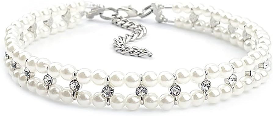 RayMinsino Pet Pearl Rhinestone Collar Cat Dog Necklace Adjustable Small Dog Collar | Amazon (US)