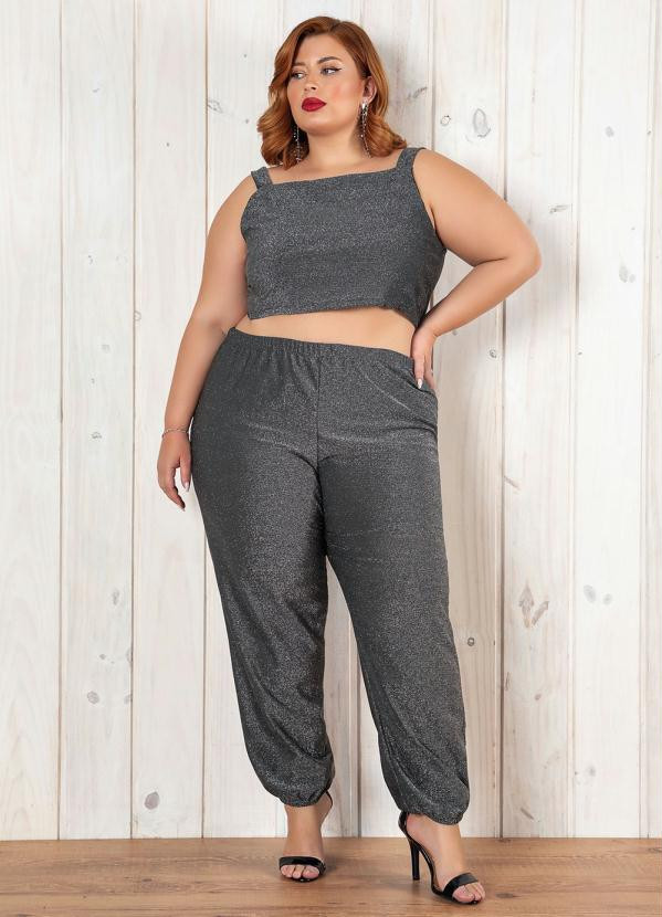 Marguerite - Conjunto Preto e Prata Cropped e Calça Plus Size | Posthaus (BR)