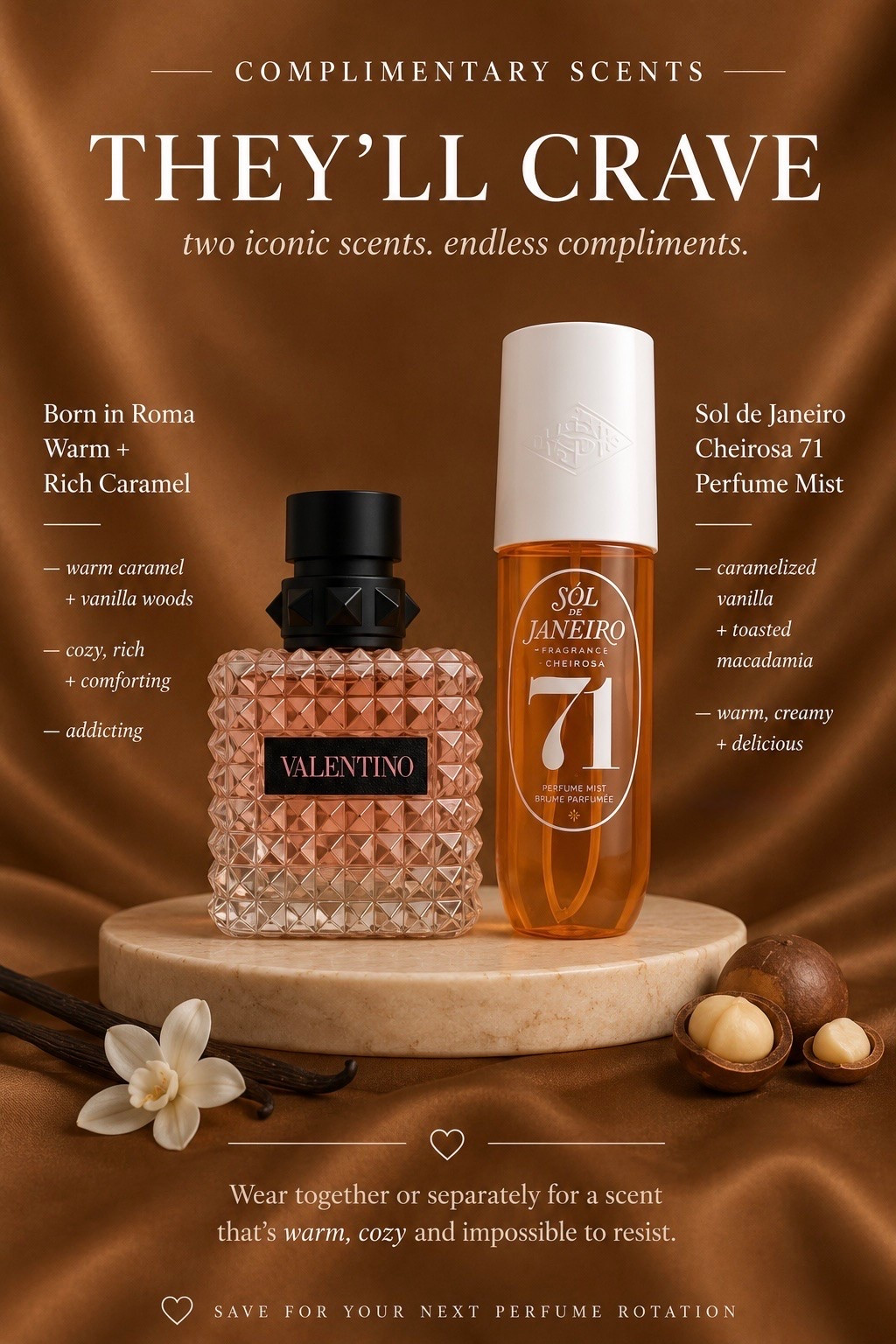If you love warm, delicious fragrances, this pairing is a must. 🤎

Valentino Born in Roma layered with Sol de Janeiro Cheirosa 71 blends creamy caramel, vanilla woods, toasted macadamia, and cozy sweetness into one irresistible scent cloud.

It’s warm, comforting, luxurious, and guaranteed to leave a lasting impression.

Save this scent combo for fall, winter, and every cozy day in between. ✨

#PerfumeLayering #SolDeJaneiro71 #ValentinoBornInRoma #PerfumeTok #FragranceLover

#LTKgrwm #LTKselfcare #LTKBeauty