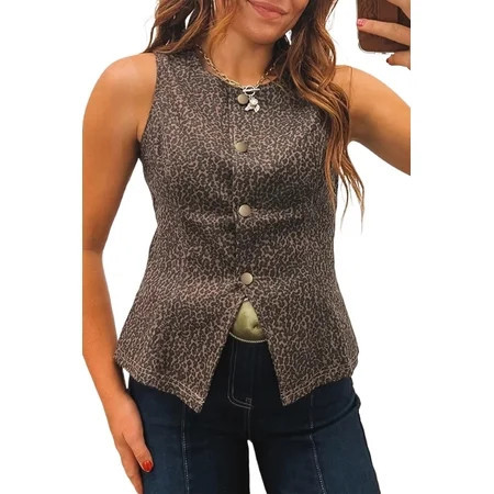 Trendy Brown Leopard Print Denim Vest – Stylish Button Front for Daily Wear  XL | Walmart (US)