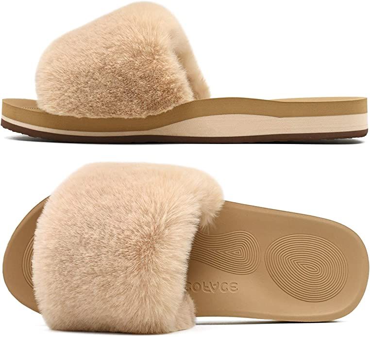 Amazon.com | COFACE Womens Slides Fuzzy House Slippers for Women Open Toe Fluffy Slippers With Ar... | Amazon (US)