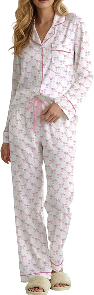 Womens 2 Piece Cute Pajama Sets Bow Button Long Sleeve Pjs Wide Leg Pants with Pocket Casual Loun... | Amazon (US)