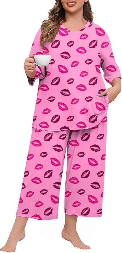 Lastshe Women's Plus Size Pajama Set 2 Piece V Neck Capri Pants Loungewear with Pockets Knit Soft... | Amazon (US)