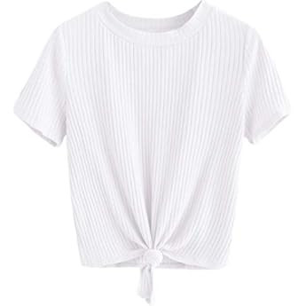 Romwe Women's Short Sleeve Tie Front Knot Casual Loose Fit Tee T-Shirt | Amazon (US)