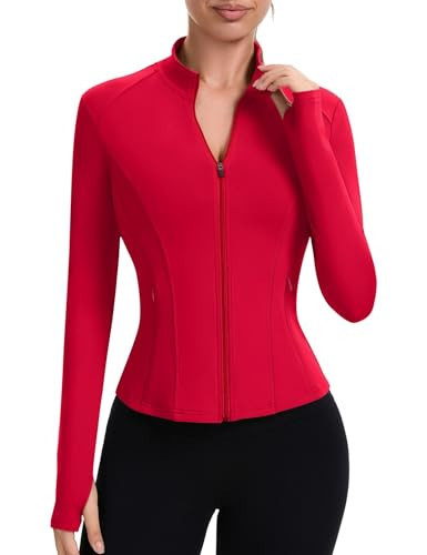 ZHENWEI Workout Outfits for Women Full Zip Up Athletic Jacket Long Sleeve Running Slim Fit Tops with Pockets (Red, M) | Amazon (US)