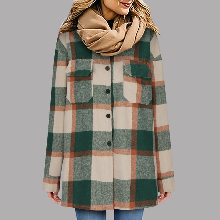 Charella Women's Plaid Shacket Button Down Coats Long Sleeve Cardigan Jacket Trendy Outerwear Top... | Walmart (US)