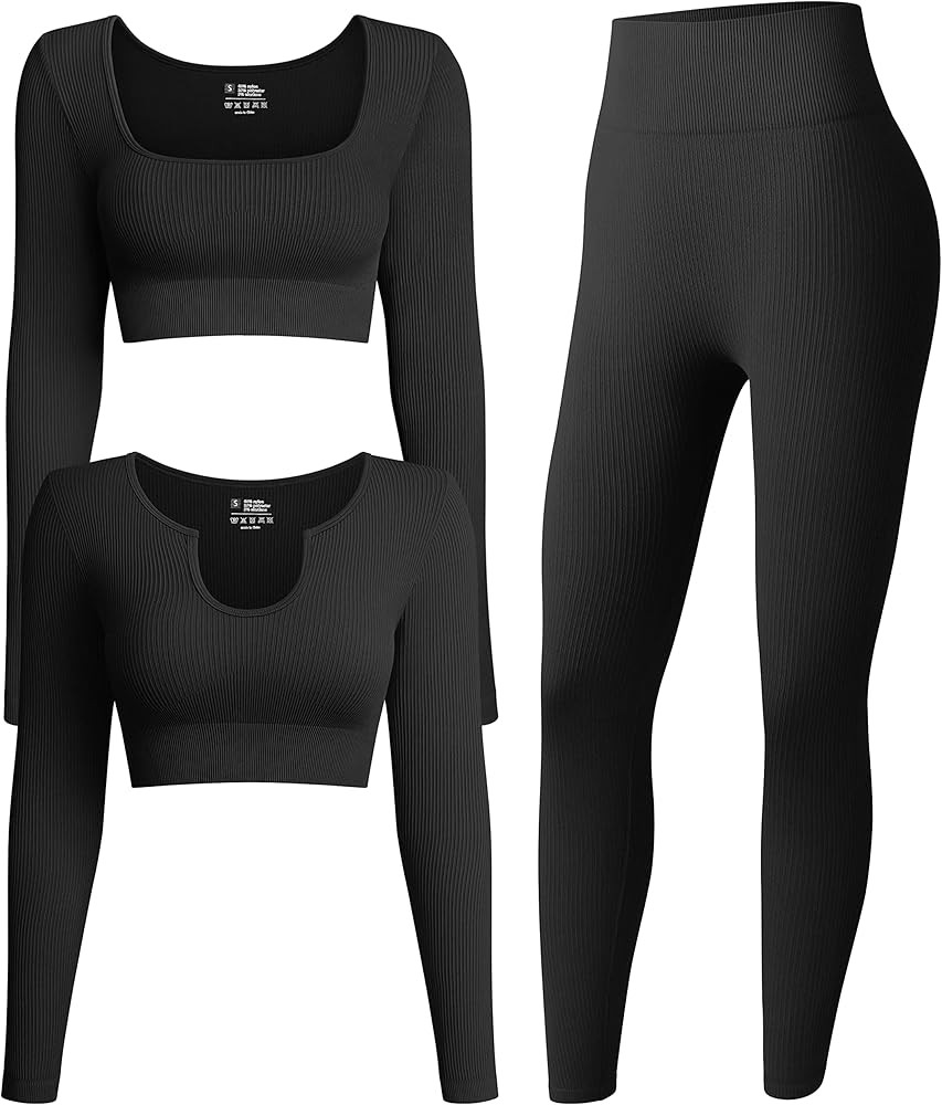 OQQ Women's 3 Piece Outfits Ribbed Exercise Long Sleeve Crop Tops Workout High Waist Leggings Yoga S | Amazon (US)