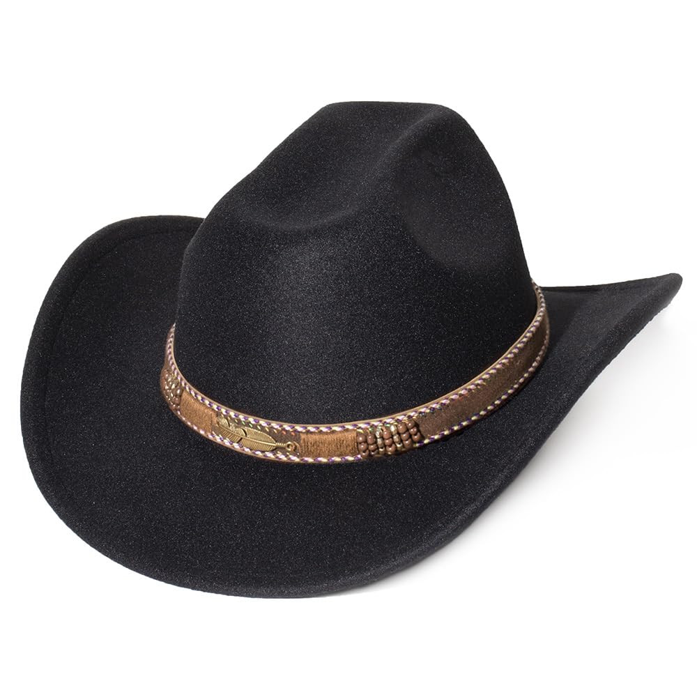 Women Men Fashion Wide Brim Teardrop Crown Felt Western Cowboy Cowgirl Hat with Silver Studs Leat... | Amazon (US)