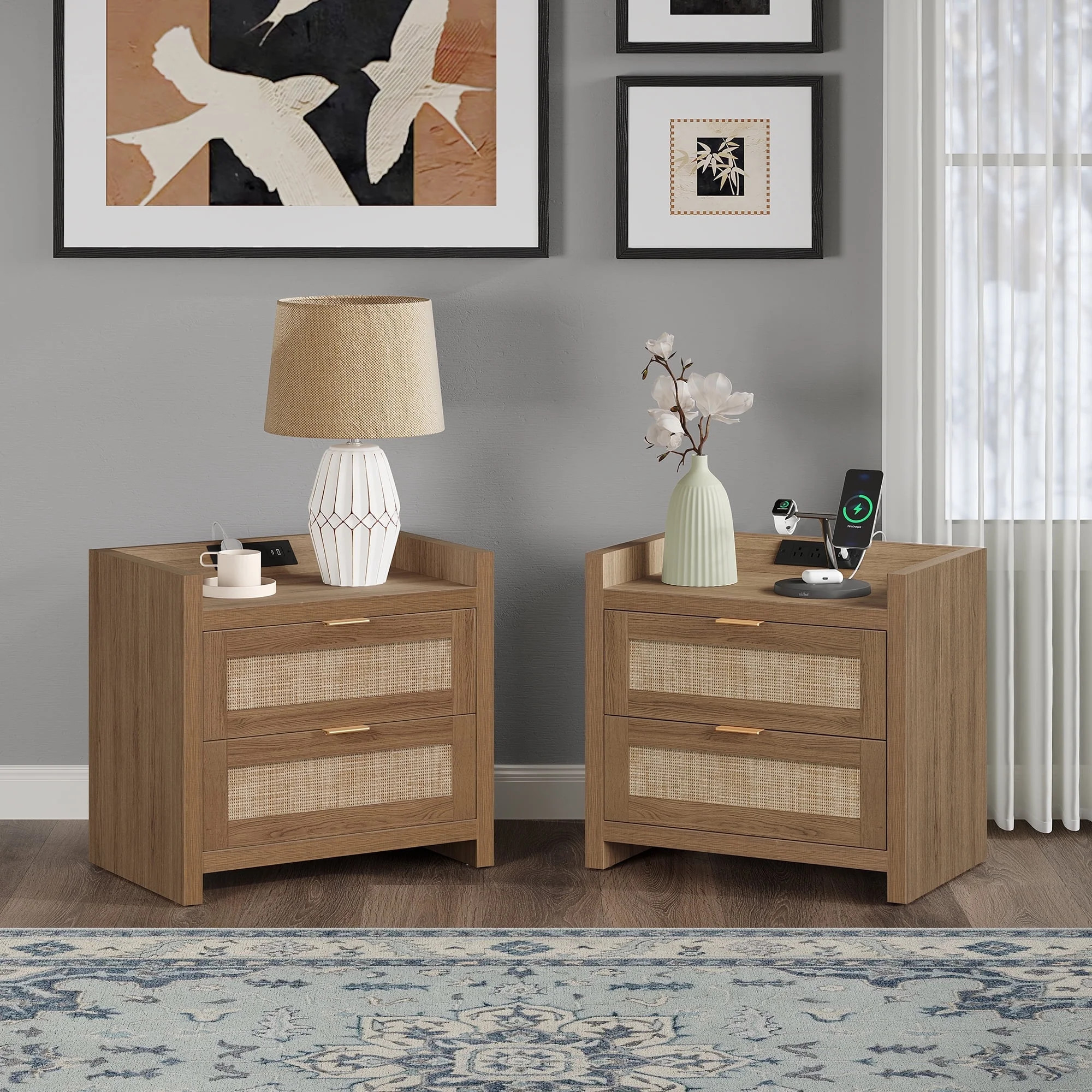 Sanspredet Rattan Nightstand Set of 2 with Charging Station, Boho Modern Bedside Tables with 2 Dr... | Walmart (US)