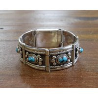 Vintage Southwestern Sterling Silver Turquoise Link Bracelet | Etsy (US)