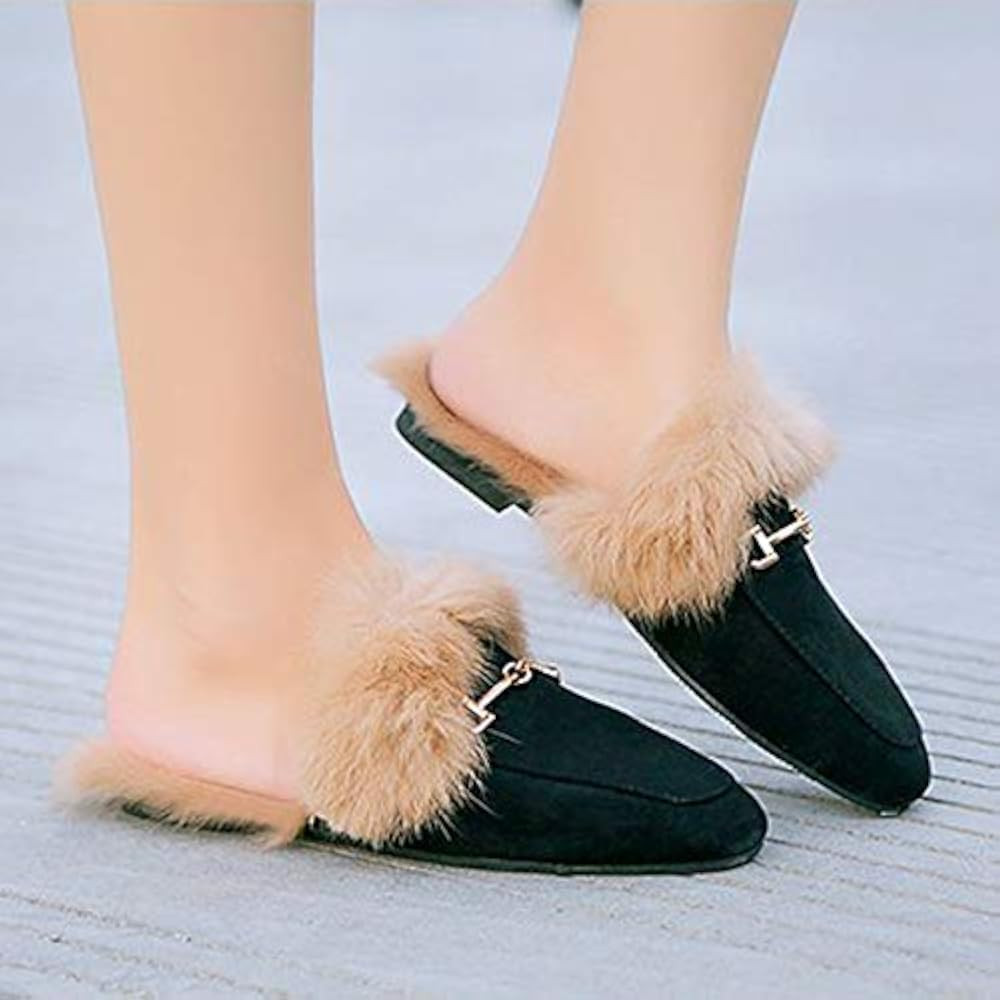 Women's Fur Mule Loafers Backless Slip On Buckle Flat Mule Slides Shoes | Amazon (US)
