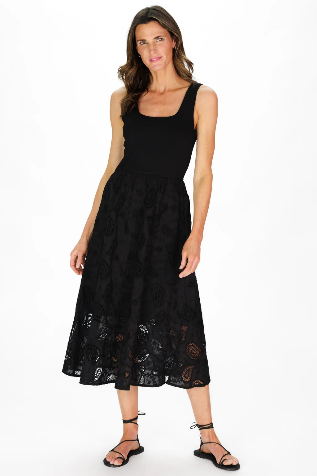 Jada Dress in Black Paisley Eyelet Lace | Duffield Lane