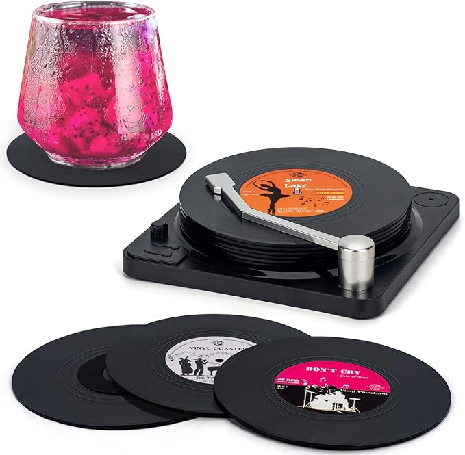 Valdivia Funny Retro Vinyl Record Coasters with Player, 6 Pcs Music Coasters for Drinks, Bars, Pa... | Amazon (US)