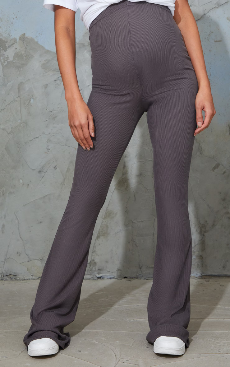 Maternity Slate Ribbed Flared Leggings | PrettyLittleThing US