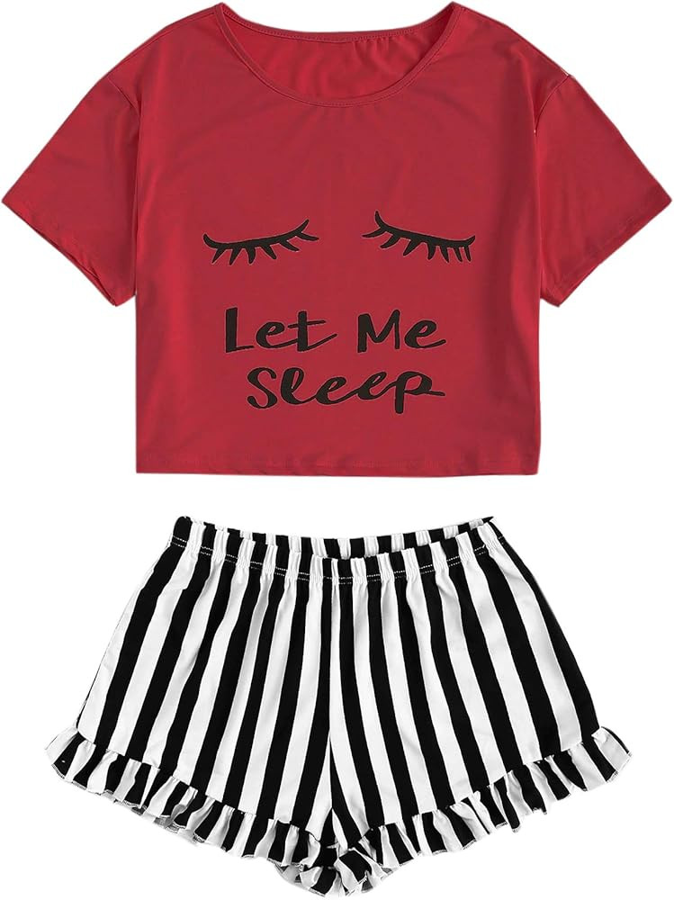 WDIRARA Women's Sleepwear Closed Eyes Print Tee and Shorts Cute Pajama Set | Amazon (US)