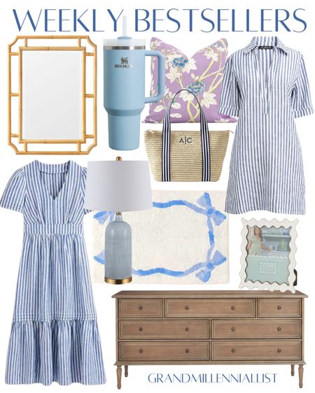 Grandmillennial home decor weekly finds classic style preppy style blue and white striped dress spring dress mirror coastal style dresser bow bathmat wavy frame 

#LTKhome #LTKstyletip