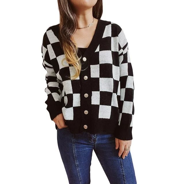 Pudcoco Checkered Long-sleeved Cardigan Women Knitting Sweaters Long Sleeve V Neck Plaid Buttons ... | Walmart (US)