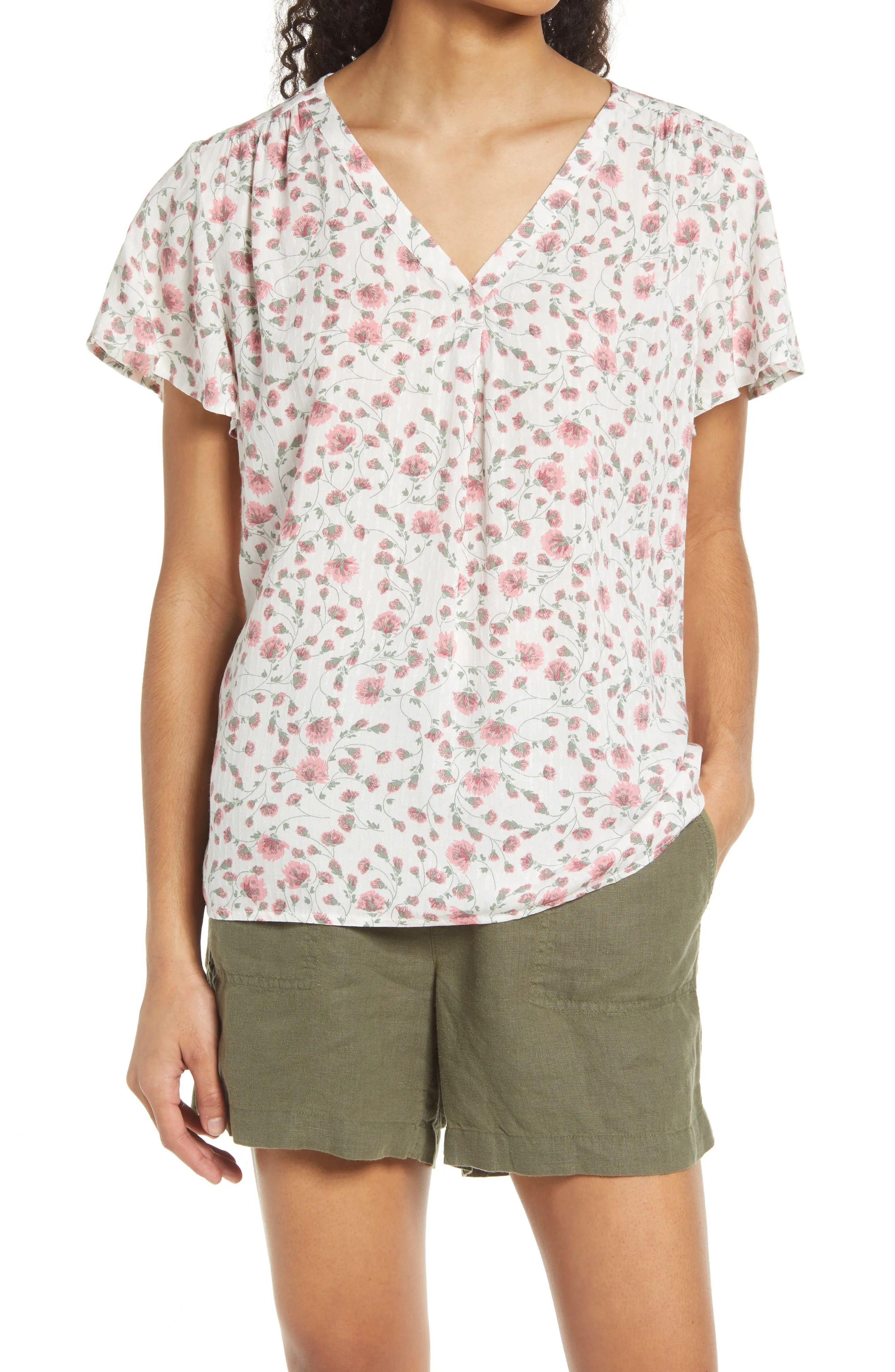 Caslon(R) Caslon? Dobby Flutter Sleeve Top in Ivory Pink Boudoir Floral at Nordstrom, Size Small | Nordstrom