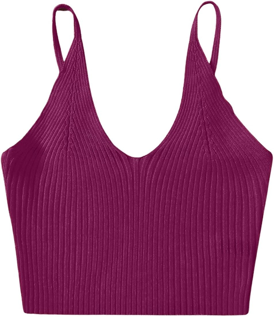 SweatyRocks Women's V Neck Crop Cami Top Ribbed Knit Spaghetti Strap Sleeveless Vest | Amazon (US)
