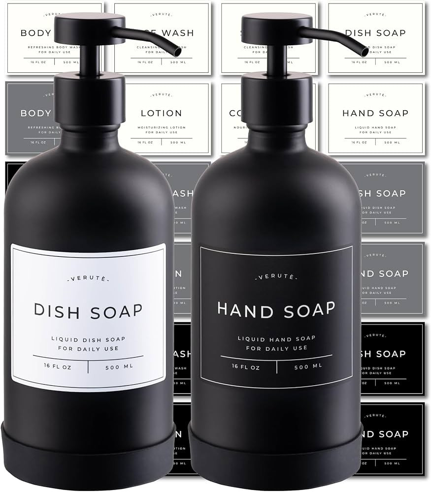 16oz Glass Soap Dispenser with Stainless Steel Pump, 21 Waterproof Labels, Non-slip Protective Si... | Amazon (US)