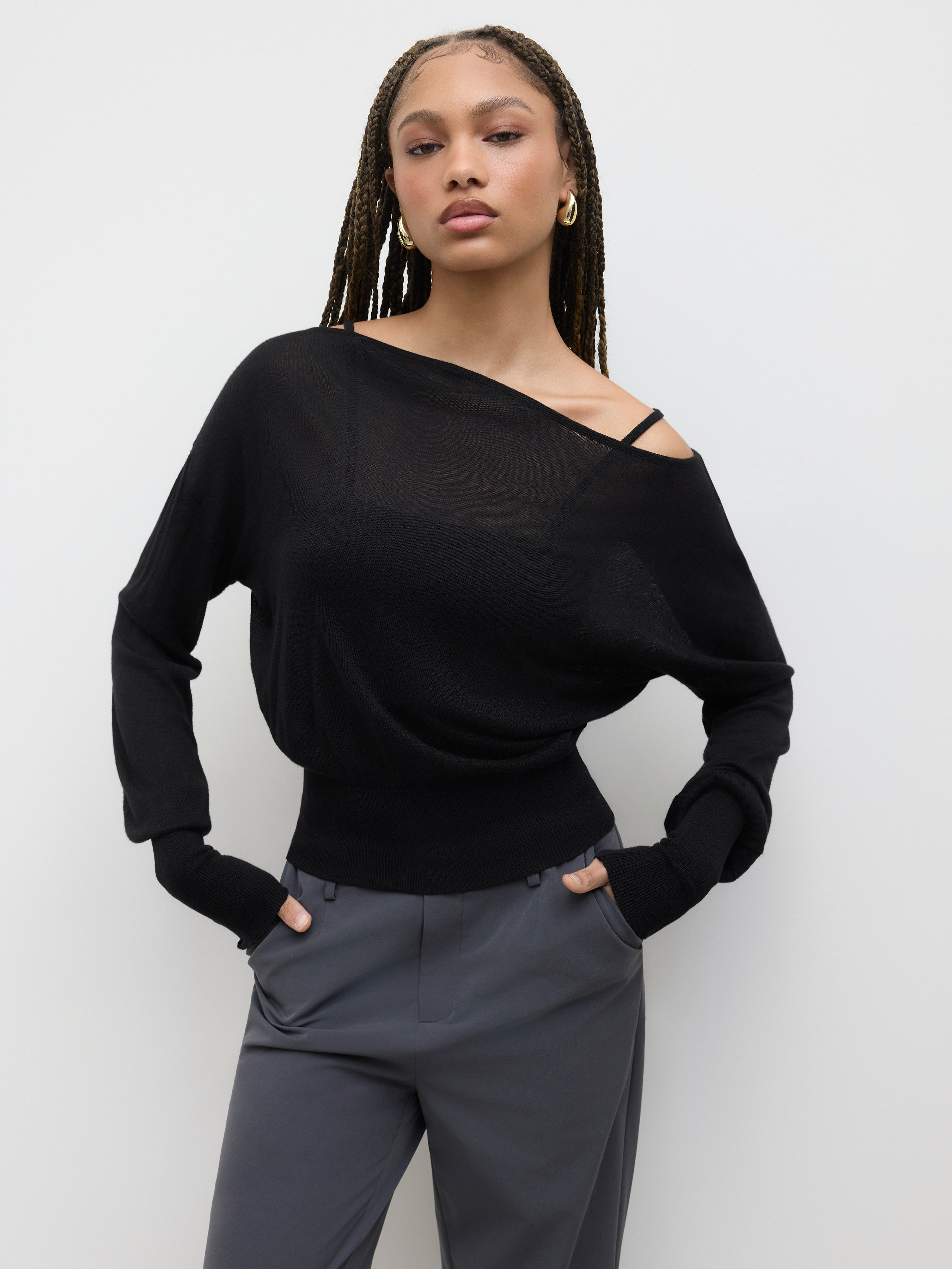 Knit Fabric Oversized Off-shoulder Two-piece Knitted Top For Daily Casual | Cider