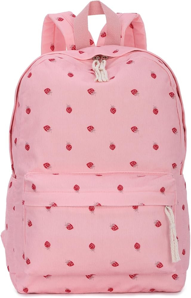 Strawberry Print Corduroy Backpack for Teen Girls Cute Lightweight Elementary High School Bag Boo... | Amazon (UK)