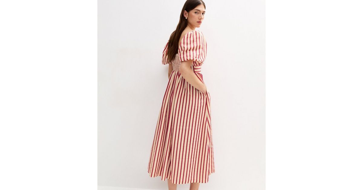 Red Striped Woven Puff Sleeve Milkmaid Midi Dress | New Look | New Look (UK)