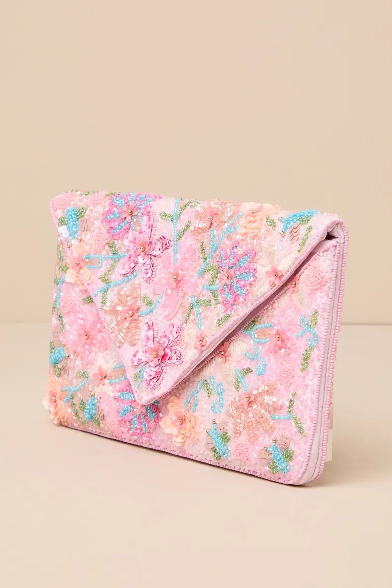 Beautiful Aspirations Pink Floral Sequin Beaded Clutch | Lulus