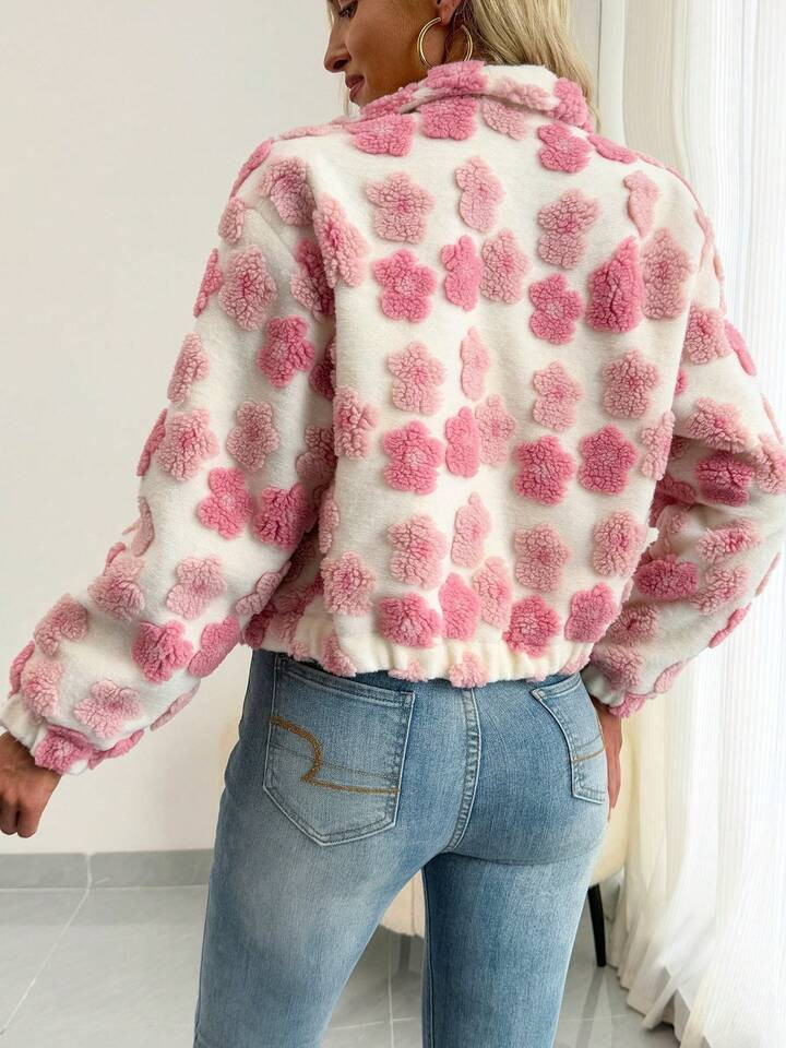 Pink Flower Sherpa Jacket  | SHEIN