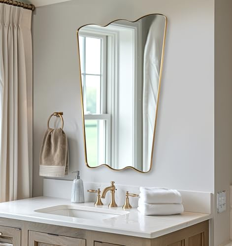 ANDY STAR 24x36 Inch Brushed Gold Scalloped Mirror, Antique Brass Irregular Bathroom Mirror -Butterfly Shape Asymmetrical Mirror for Powder Room | Amazon (US)