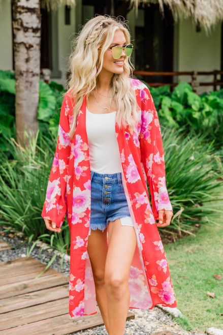 Put It All Together Floral Kimono Red | The Pink Lily Boutique