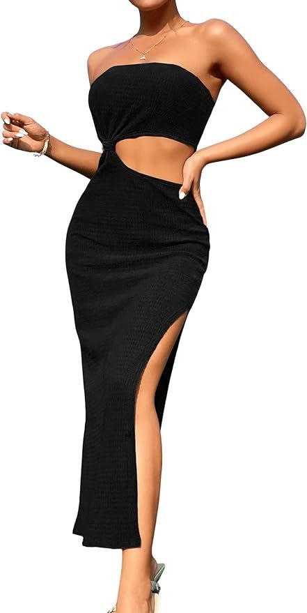 SweatyRocks Women's Strapless Bandeau Tube Split Cut Out Dress Sleeveless Maxi Dresses | Amazon (US)