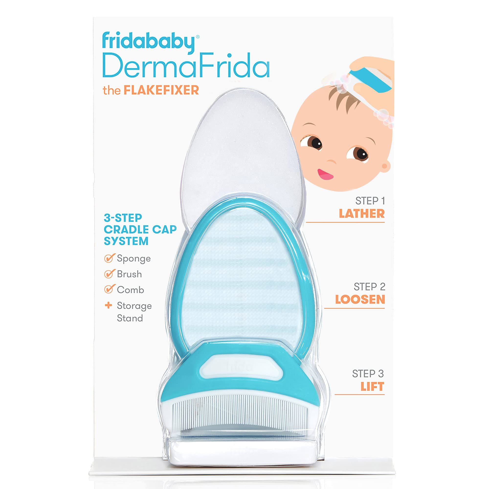 The 3-Step Cradle Cap System by Fridababy | DermaFrida The FlakeFixer | Sponge, Brush, Comb and Stor | Amazon (US)